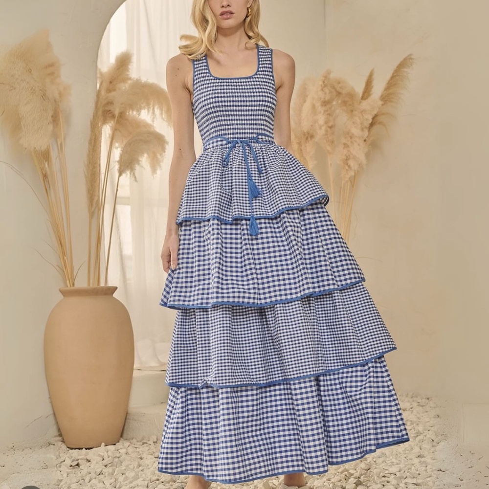NWT Sugarlips Blue Gingham Maxi Dress Sz M - Picture 2 of 4